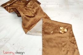 Brown silk scarf hand-embroidered with phoenix flower 40*200 cm